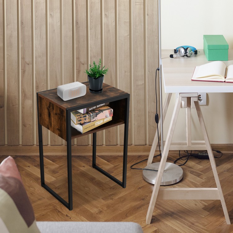 Industrial side table with open storage, MDF and anti-rust steel frame, perfect for compact spaces in living rooms or.
