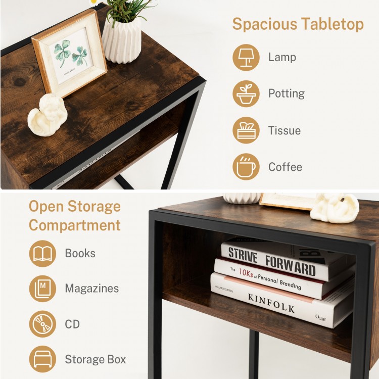 Industrial side table with spacious tabletop and open storage compartment, featuring a sturdy steel frame and MDF.