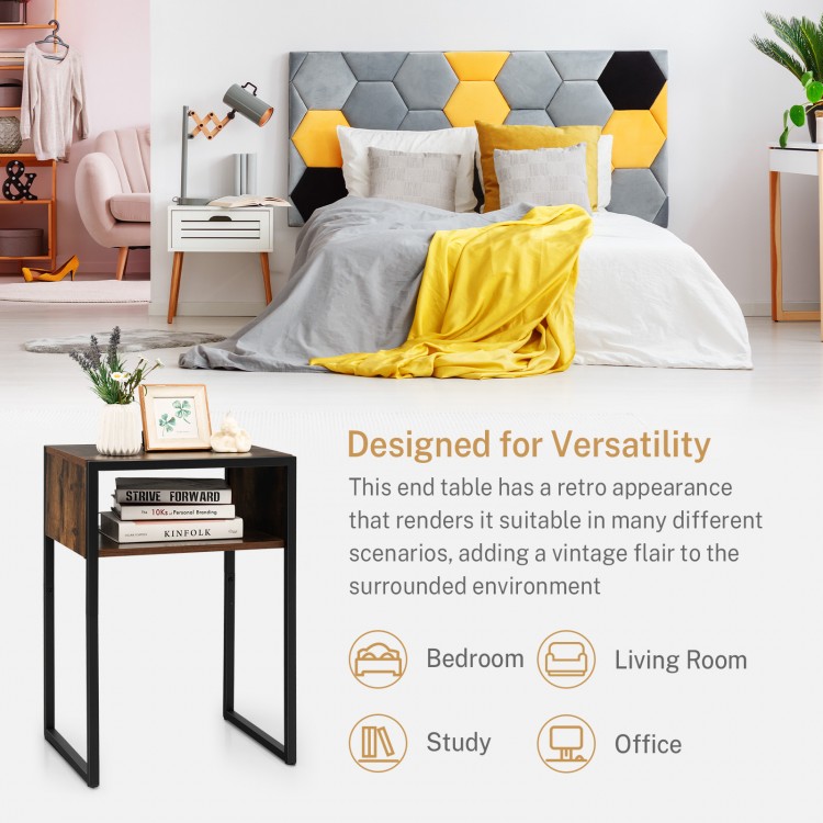 Industrial side table with open storage, MDF and steel frame, perfect for compact spaces in bedroom or living room.