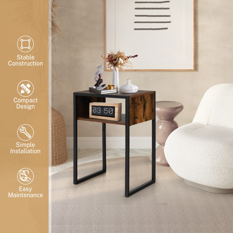 Industrial side table with open storage, MDF and steel frame, compact design for bedroom or living room use.