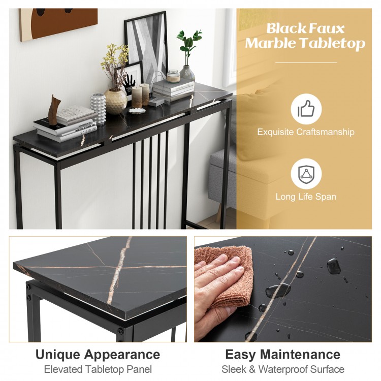 Black faux marble tabletop console table with powder-coated steel frame, ideal for entryway or living room use.