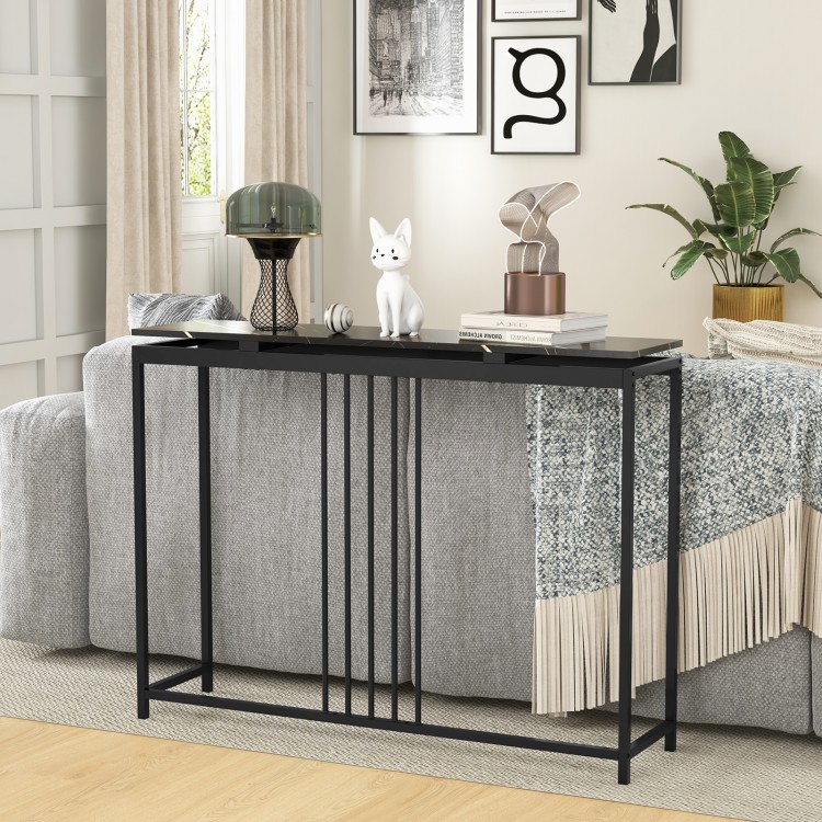 Black 48-inch console table with faux marble top and powder-coated steel frame, perfect for entryway or living room.