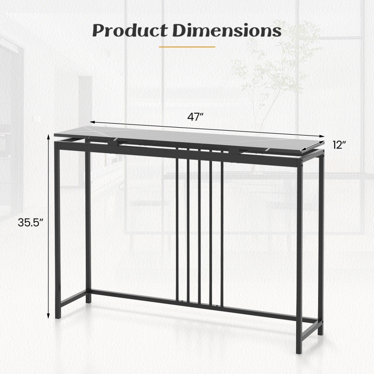 Dimensions of a 48-inch black console table with faux marble top and steel frame, perfect for entryway or living room.