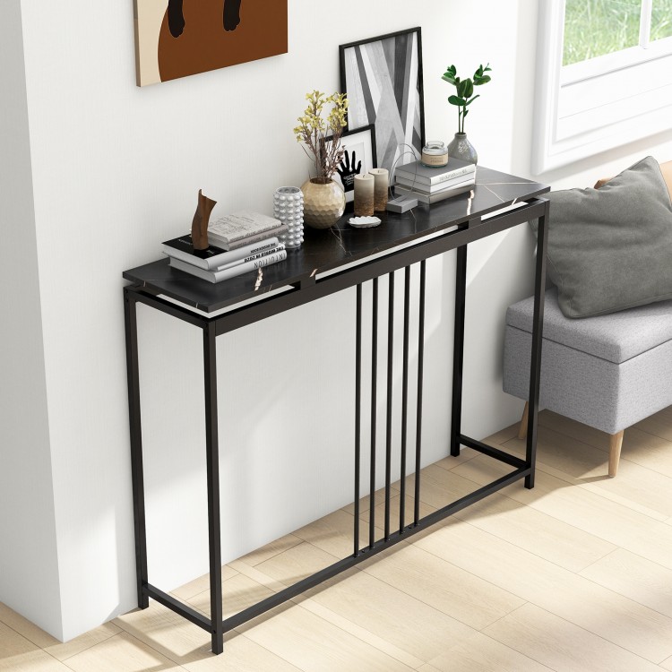 48-inch console table with black powder-coated steel frame and faux marble top, perfect for entryway or living room.