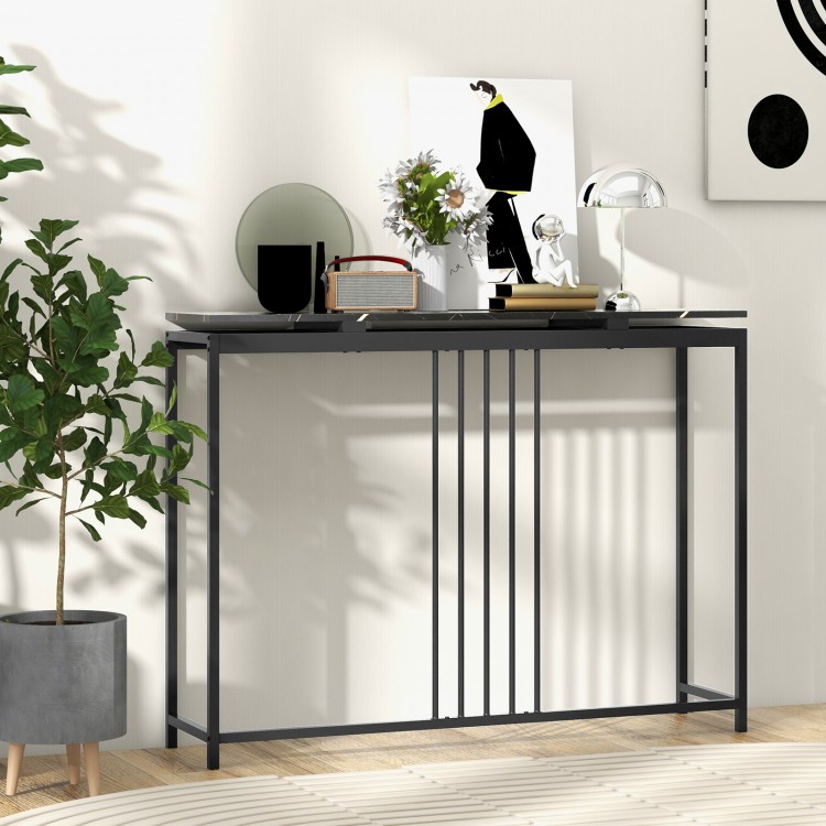 Chic 48-inch console table featuring a faux marble top and sleek black steel frame, ideal for modern living spaces.