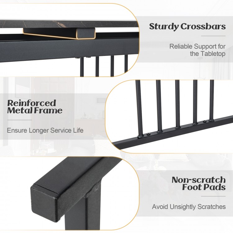 Close-up of the reinforced metal frame and sturdy crossbars of a 48-inch black console table for enhanced stability.