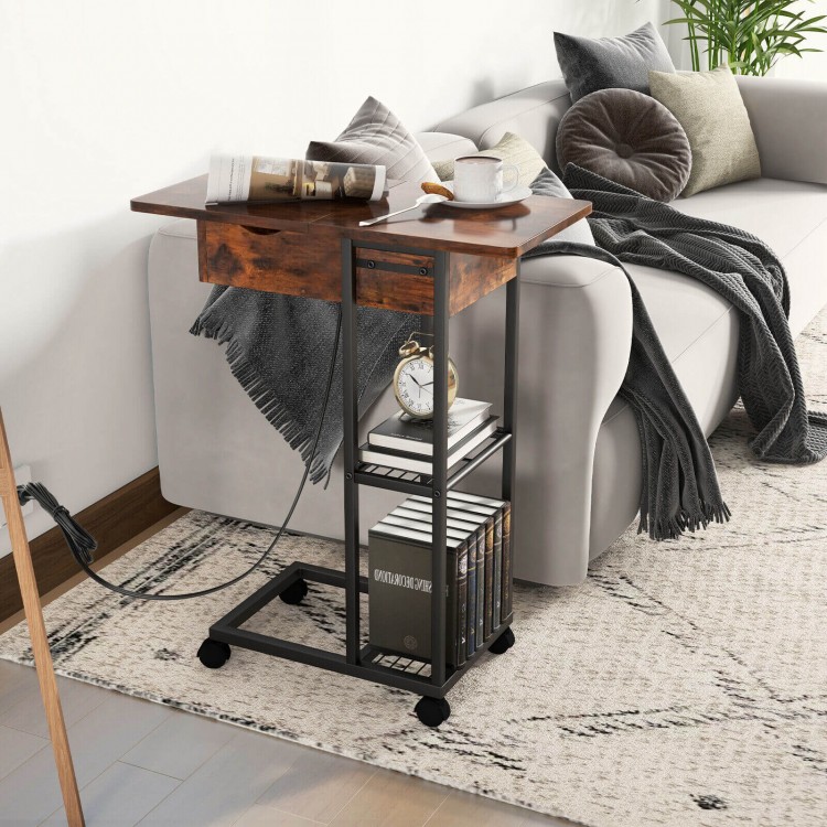 C-shaped end side table in rustic brown with charging station, wheels, and open storage for easy access and.