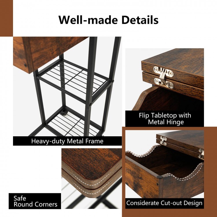 C-shaped end side table in rustic brown with a heavy-duty metal frame, flip tabletop, and built-in charging station.