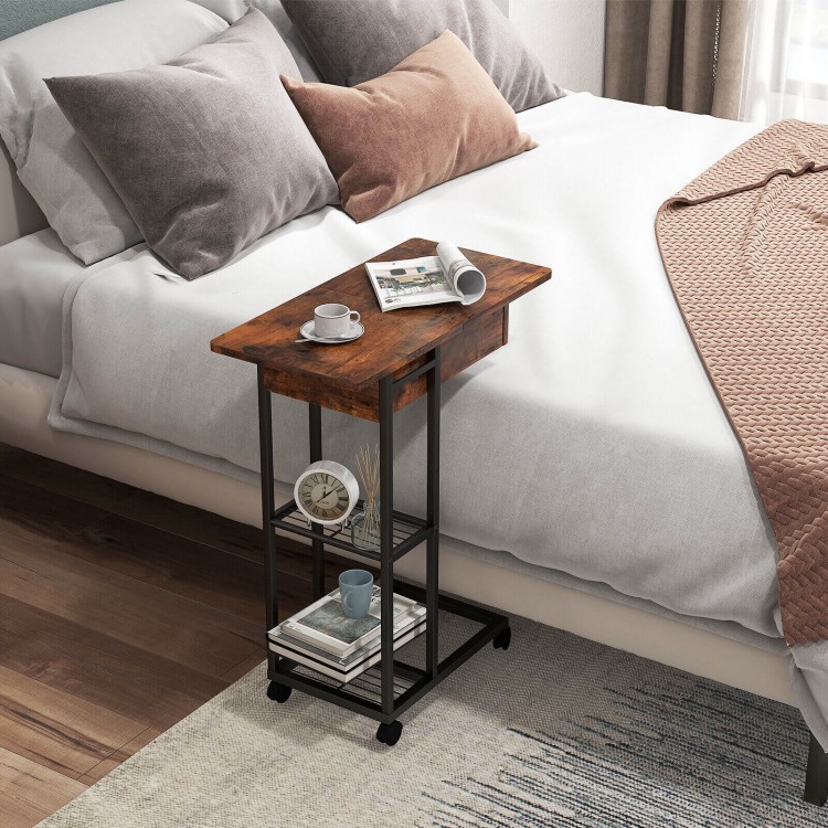 C-shaped end side table in rustic brown with charging station, wheels, and open storage for easy access beside the bed.