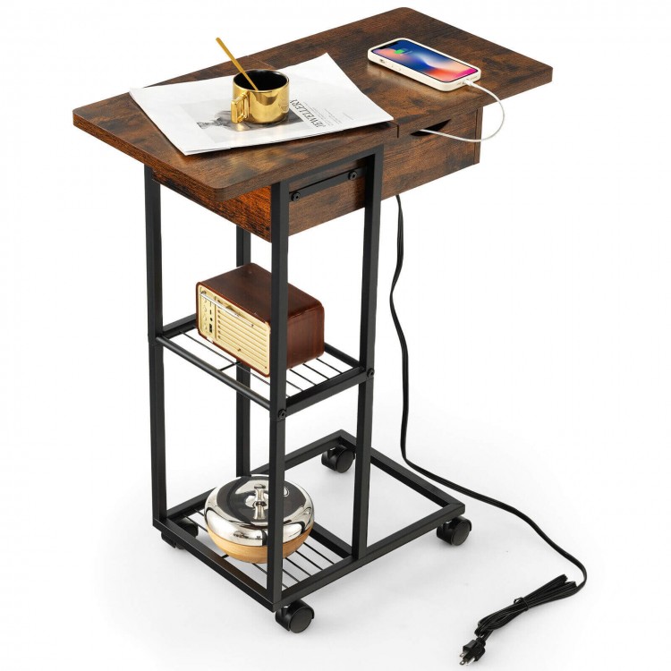 C-shaped end side table in rustic brown with charging station, wheels, and open storage for easy access and mobility.