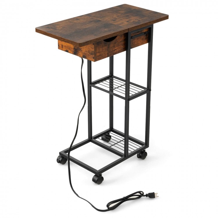 C-shaped end side table in rustic brown with charging station, wheels, and enclosed storage for easy access and.