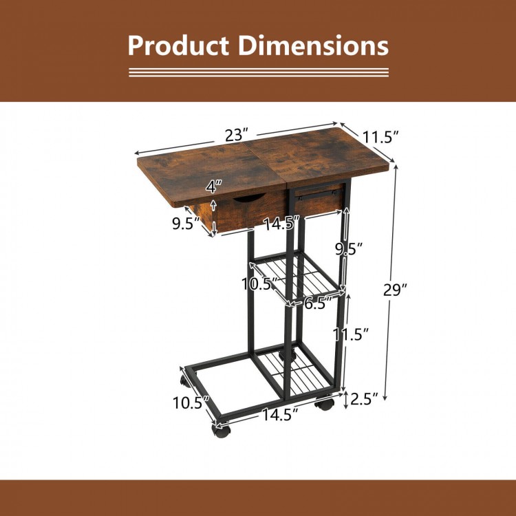 C-shaped end side table in rustic brown with charging station, wheels, and dimensions for easy placement beside.