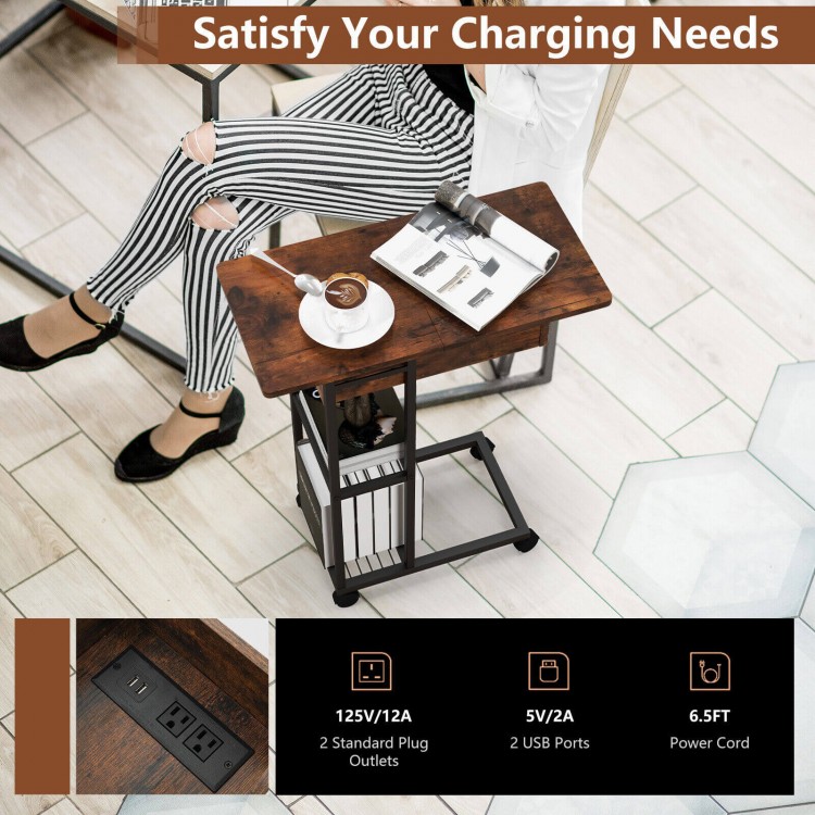C-shaped end side table in rustic brown with charging station, wheels, and open storage for easy access and convenience.