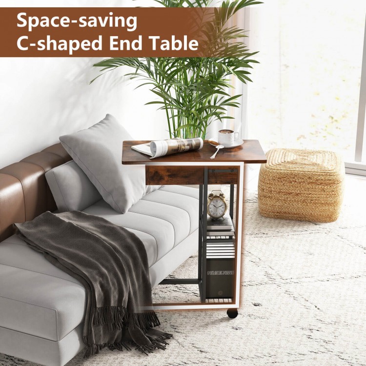 C-shaped end table in rustic brown with charging station, wheels, and open storage, ideal for small spaces.