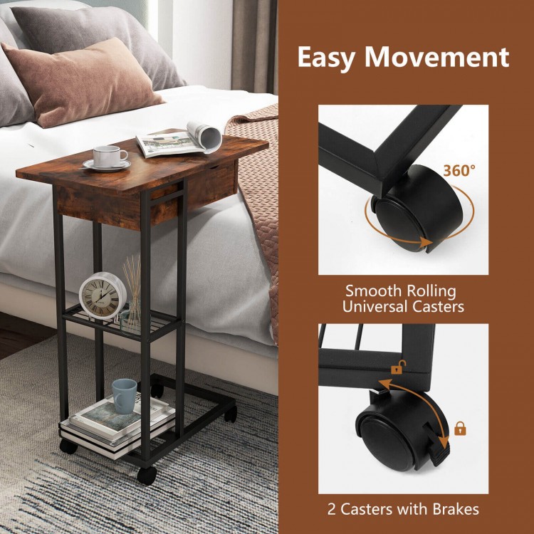 C-shaped end side table in rustic brown featuring smooth-rolling casters and a sturdy frame, perfect for versatile use.