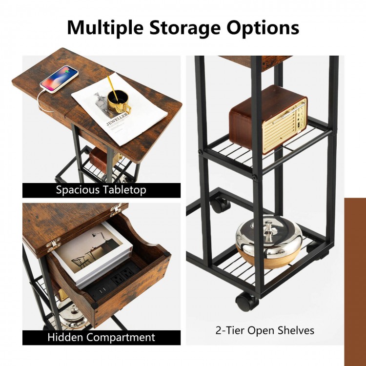 C-shaped end side table in rustic brown with spacious tabletop, hidden compartment, and 2-tier open shelves for.