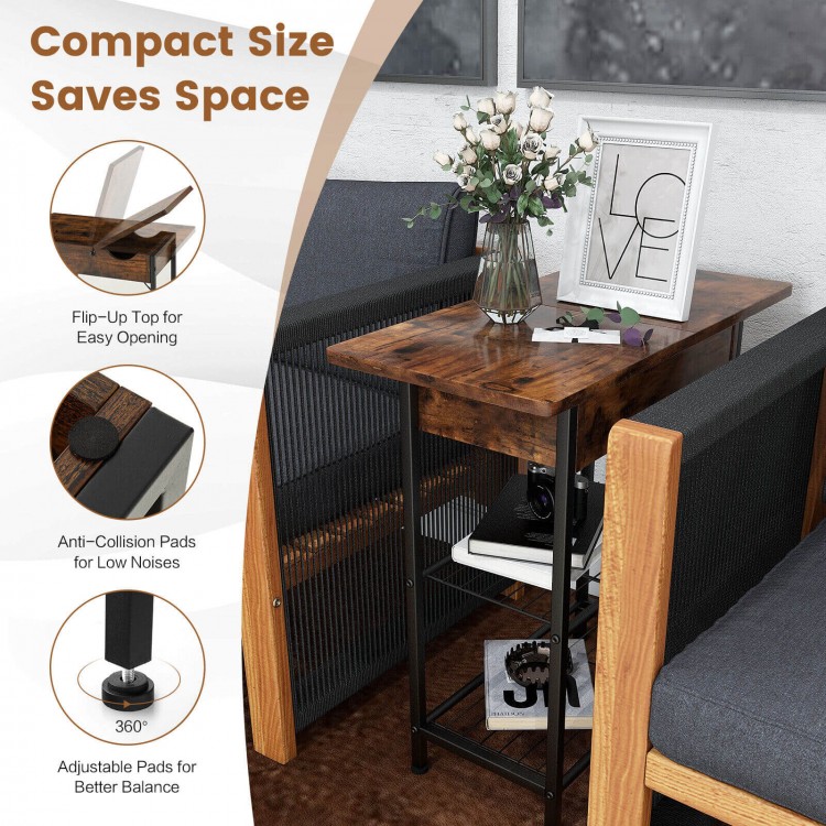 Side end table in rustic brown with flip-up top, charging station, and adjustable foot pads for living room convenience.