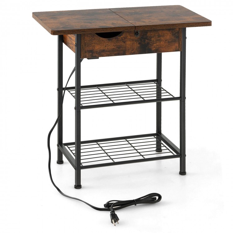 Rustic brown side end table with flip-up top, charging station, and open storage for living room convenience.