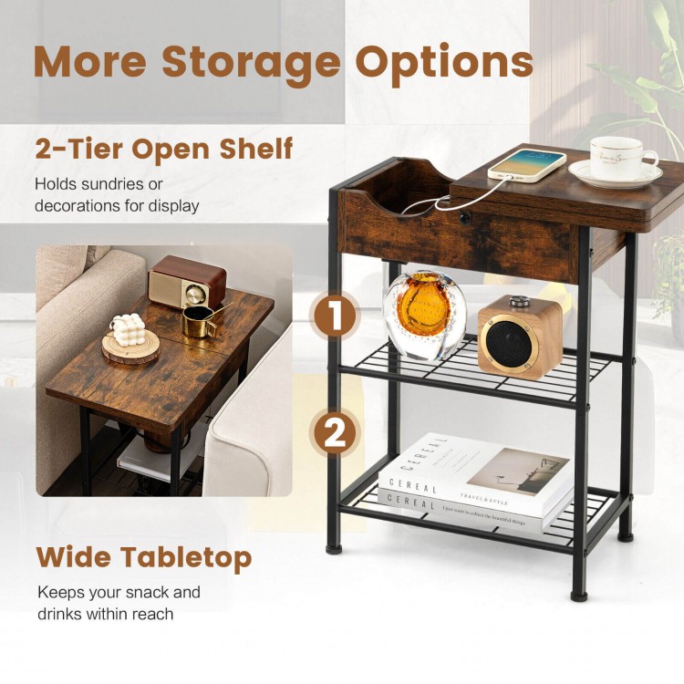 Side end table in rustic brown with flip-up top, featuring a charging station and open shelf for versatile storage.