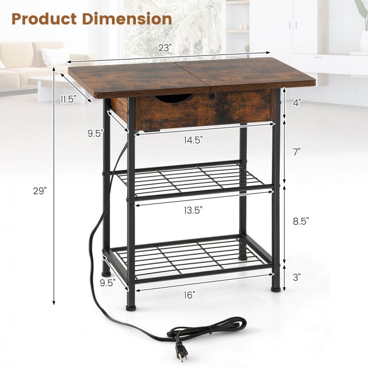 Rustic brown side end table with flip-up top, charging station, and open storage, perfect for living room use.
