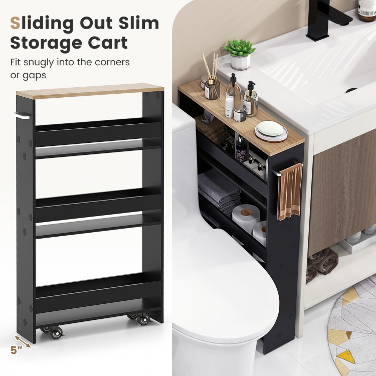 Slim black rolling storage cart with three tiers and wooden top, ideal for narrow spaces in kitchens or bathrooms.