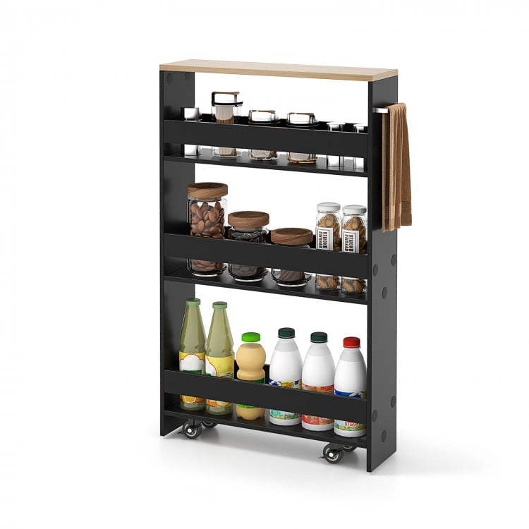 3-tier black rolling kitchen storage cart with handle, engineered wood, ideal for compact spaces and easy mobility.