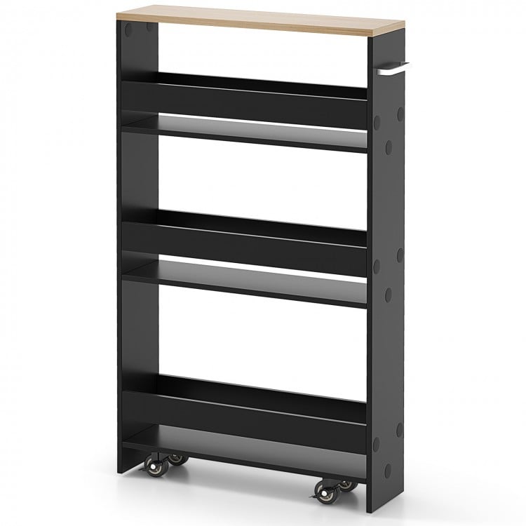 Rolling kitchen slim storage cart in black with 3 tiers and wooden top, ideal for compact spaces and easy mobility.