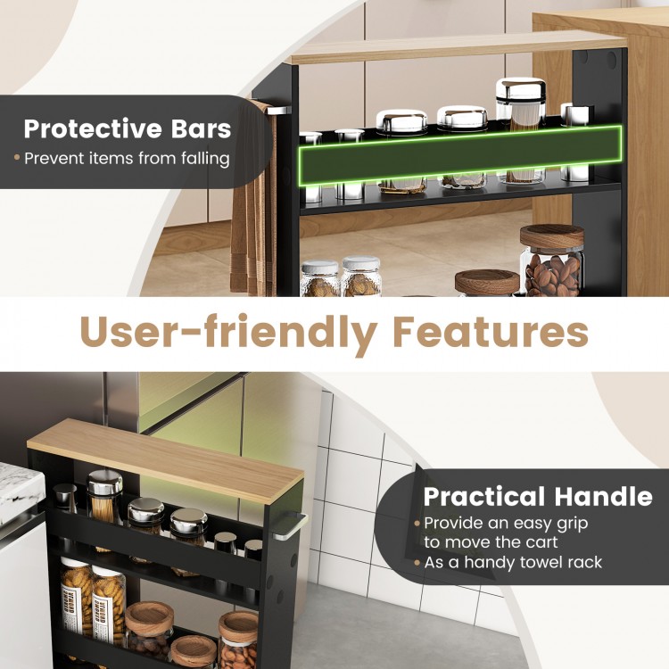 Rolling kitchen slim storage cart with protective bars and practical handle, ideal for compact spaces and easy mobility.