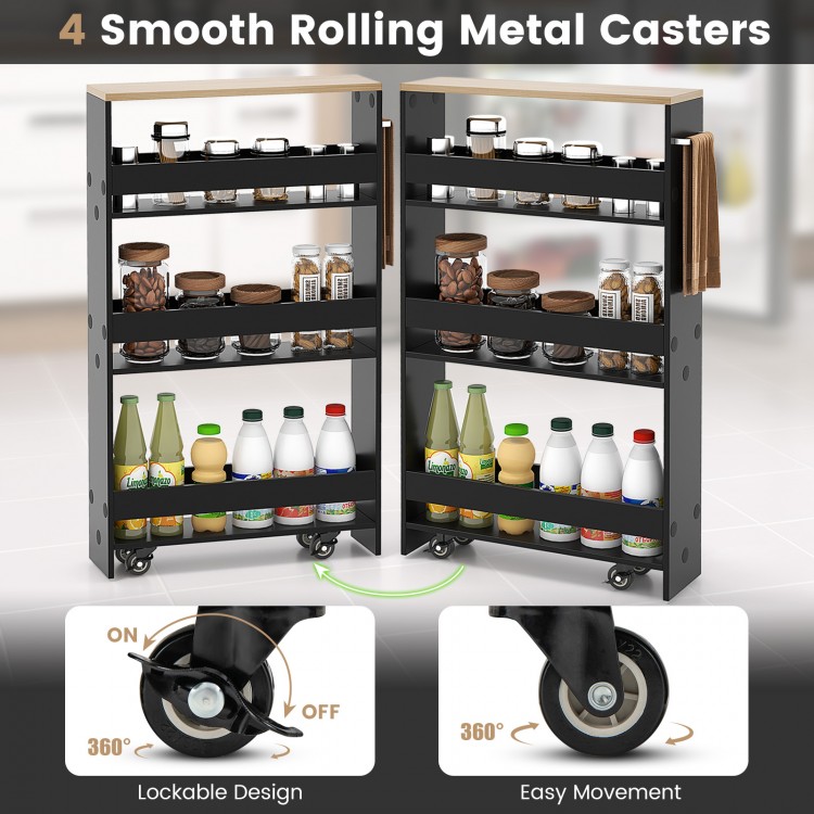 Rolling kitchen slim storage cart with 3 tiers, black engineered wood, and smooth rolling lockable casters for easy.