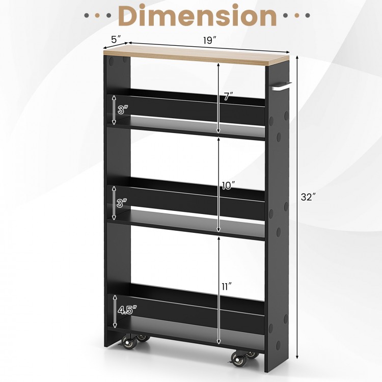 Rolling kitchen slim storage cart with dimensions, featuring a black finish and three tiers for organizing utensils.