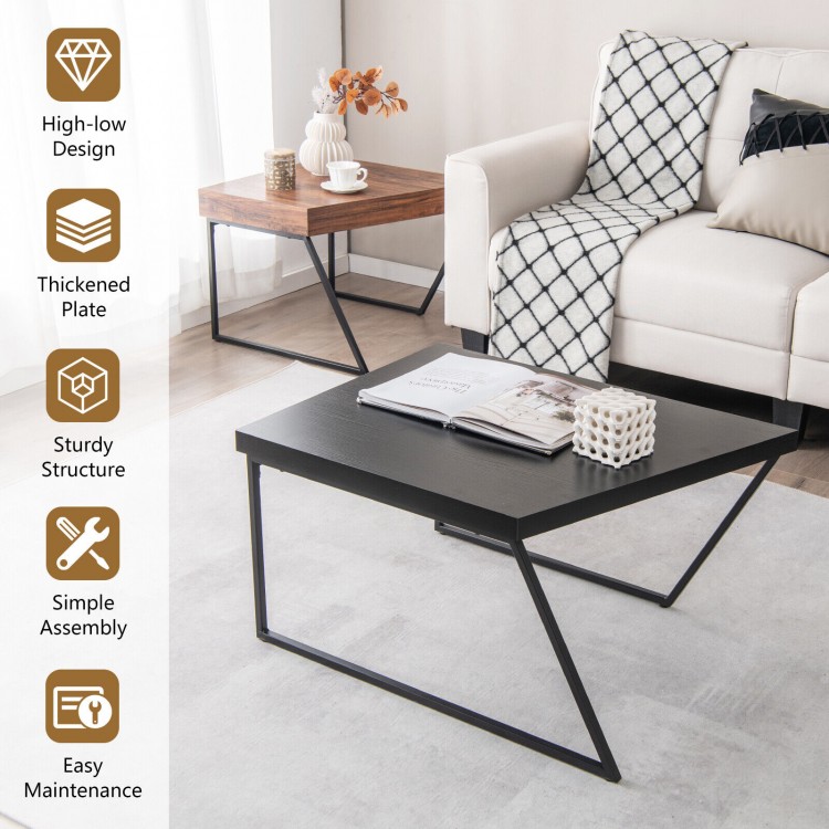 Black coffee table set of 2 with powder-coated metal legs, featuring a spacious tabletop and unique trapezoid shape.