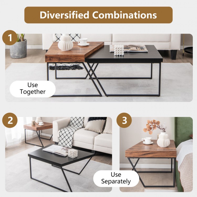 Coffee table set of 2 with black powder-coated metal legs, featuring a unique trapezoid shape for versatile use.