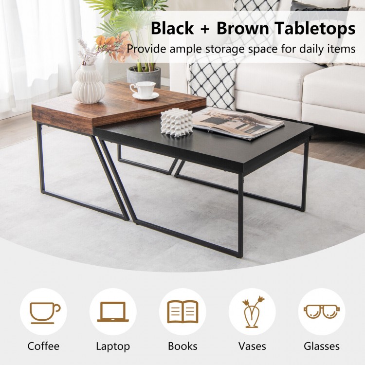 Coffee table set of 2 with black and brown tabletops, featuring powder-coated metal legs for stylish storage solutions.