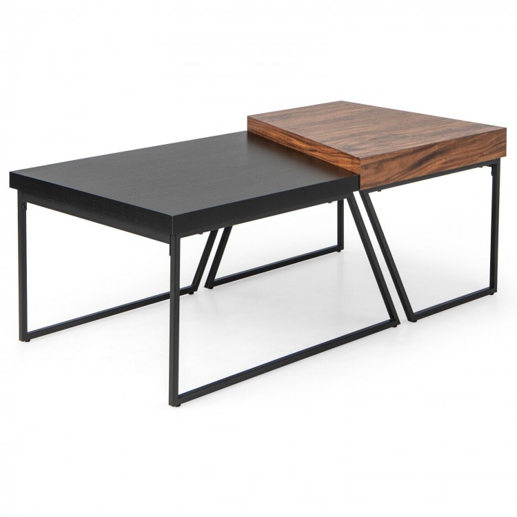 Coffee table set of 2 featuring black powder-coated metal legs and a unique trapezoid shape for versatile use.