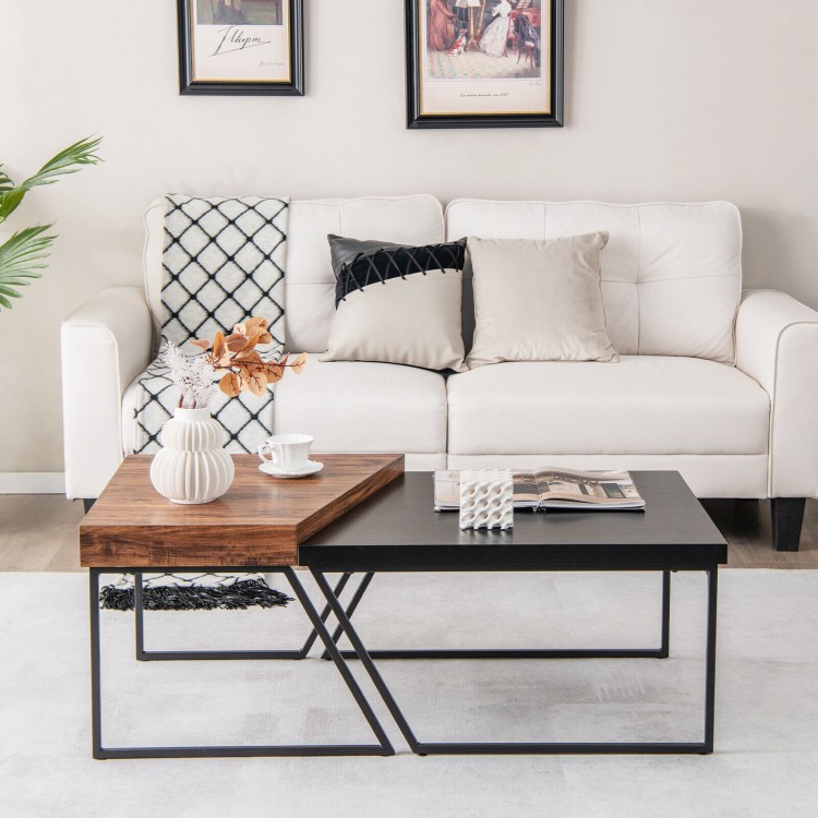 Coffee table set of 2 with black powder-coated metal legs and unique trapezoid shape, perfect for stylish living rooms.