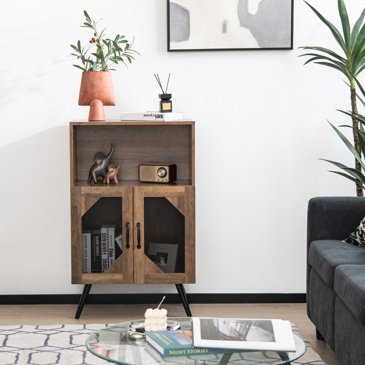 Rustic brown 2-door farmhouse kitchen storage bar cabinet with wine rack and glass holder, featuring a stylish metal.
