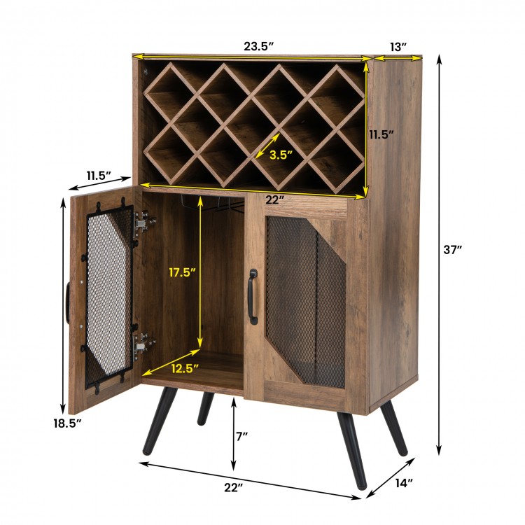 Rustic brown 2-door farmhouse kitchen storage bar cabinet with 11-bottle wine rack and glass holder for versatile use.