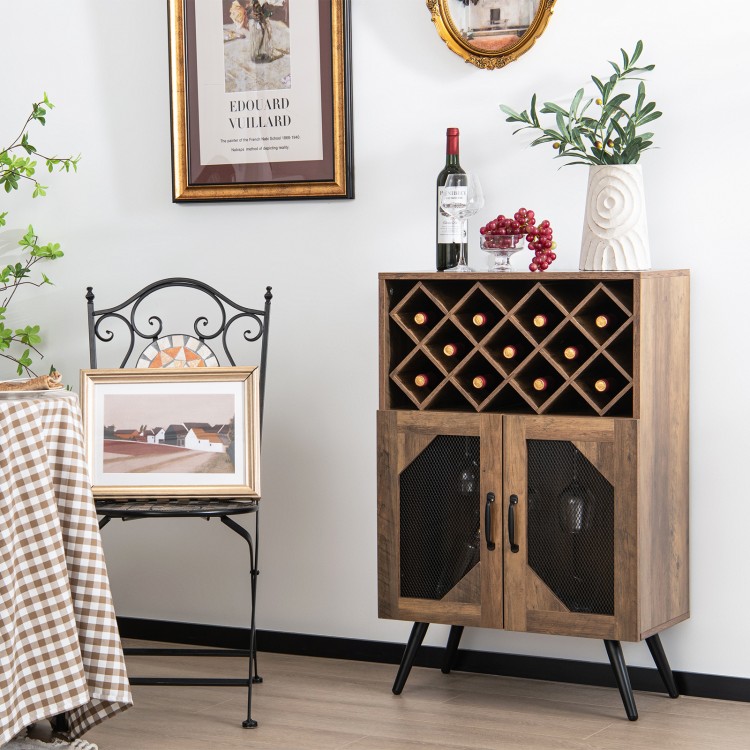 Rustic brown 2-door farmhouse bar cabinet with 11-bottle wine rack and glass holder, perfect for stylish storage.