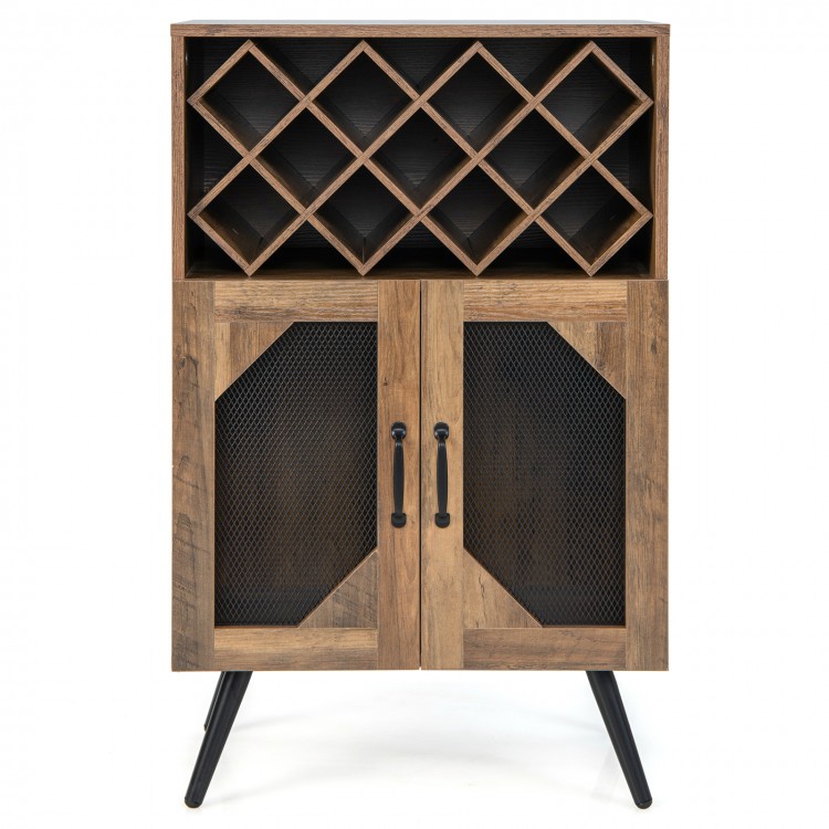 Farmhouse kitchen storage bar cabinet in rustic brown with 11-bottle wine rack and metal mesh doors for stylish.