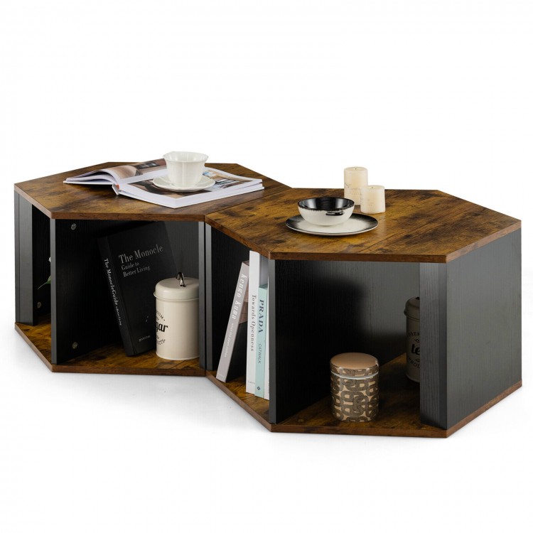 Hexagonal side end tables with open storage compartments, ideal for living room or office use, featuring a waterproof.