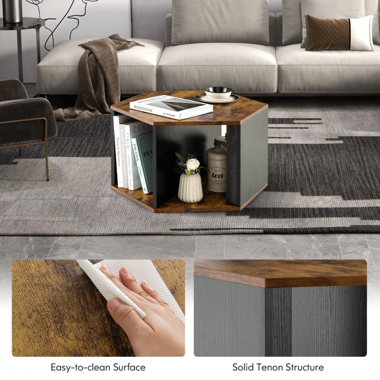 Hexagonal side end table with a wooden top and gray finish, featuring open storage compartments for versatile use.
