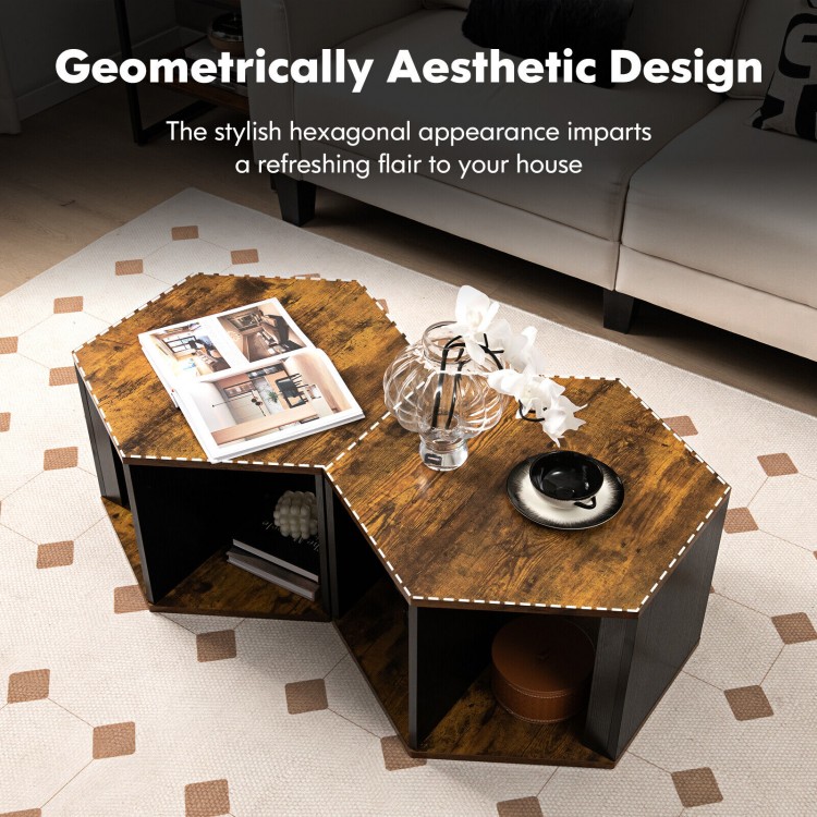 Hexagonal side end table set with a stylish design, ideal for living room or office use, featuring open storage.