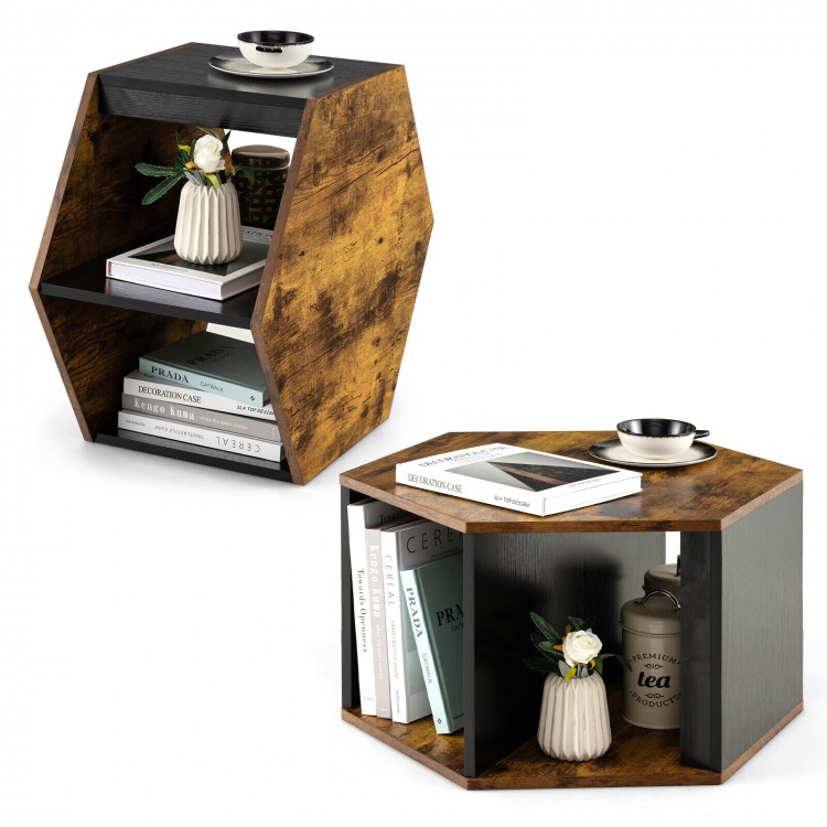 Hexagonal side end tables in two orientations, featuring open storage compartments for versatile use in living spaces.