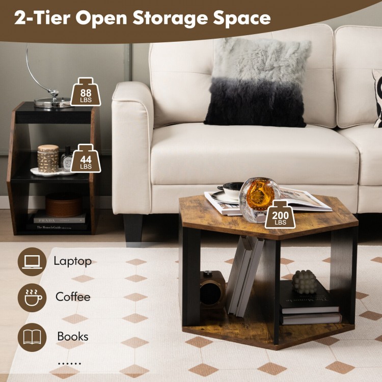 Hexagonal side end table with open storage, ideal for living room or office use, featuring a durable waterproof surface.