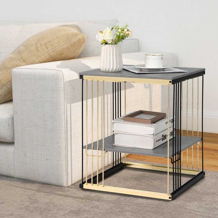 Square gray metal side table with removable shelf, featuring a gold fence frame, ideal for small spaces and elegant.