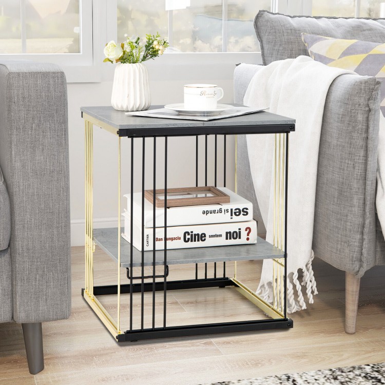 Square side end table in gray with gold accents, featuring a removable shelf for versatile storage in small spaces.