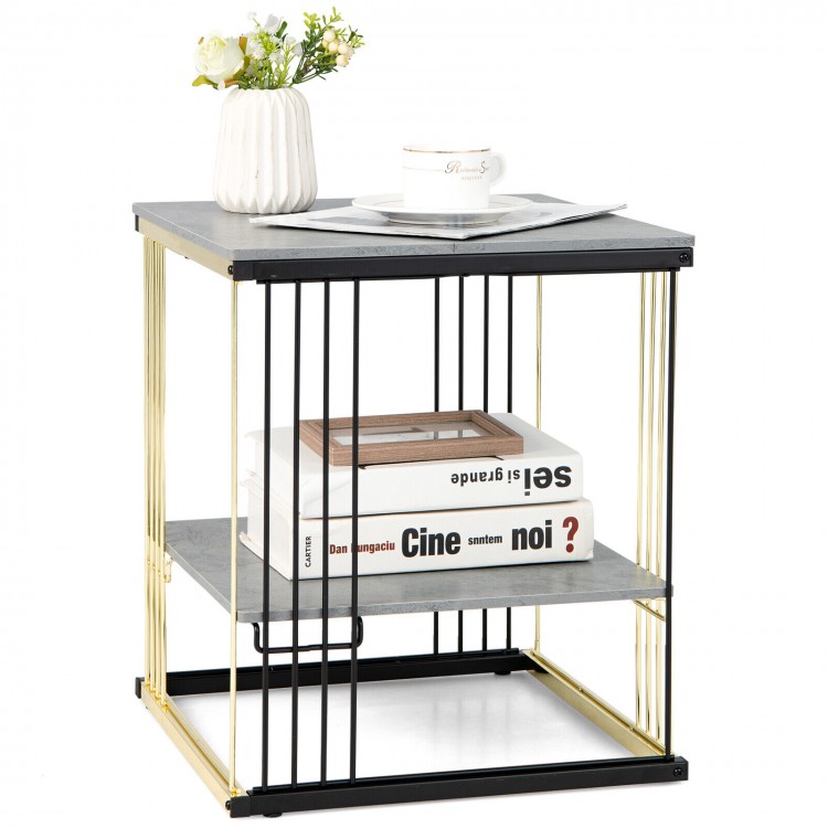 Gray 2-tier metal side table with removable shelf, featuring a stylish black and gold fence frame for compact spaces.