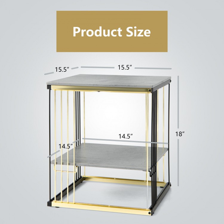 2-tier square side end table with gray MDF top, black metal frame, and gold accents, perfect for small spaces.