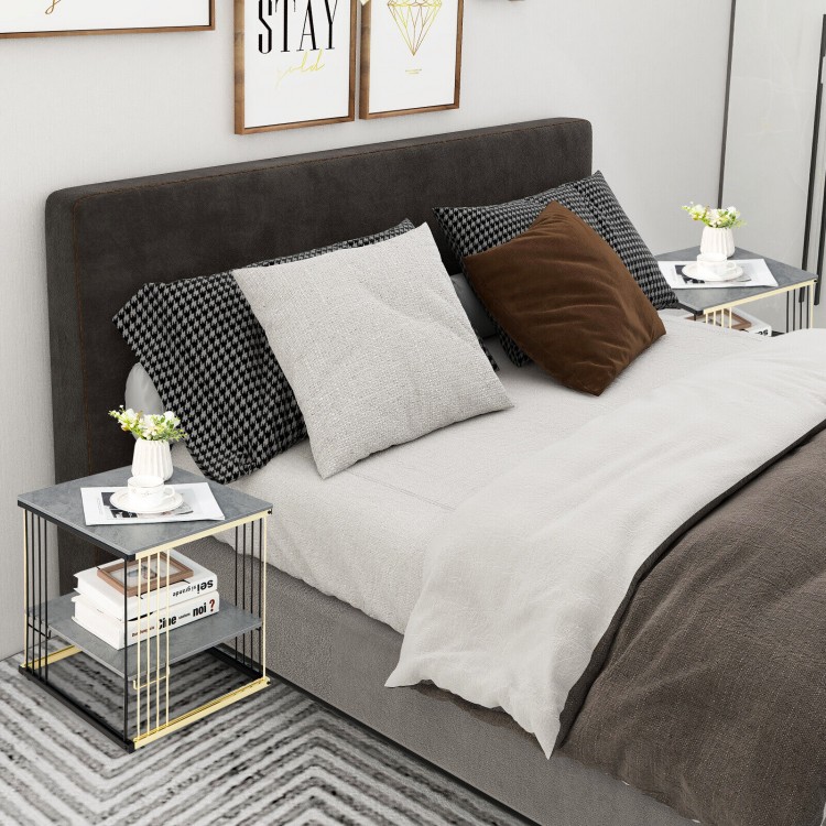 Gray 2-tier metal square side table with removable shelf, featuring a sleek design for bedroom or living room use.