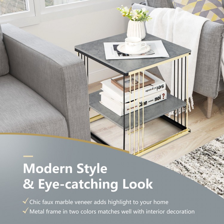 Square gray side end table with removable shelf, featuring a chic metal frame and elegant gold accents for stylish.
